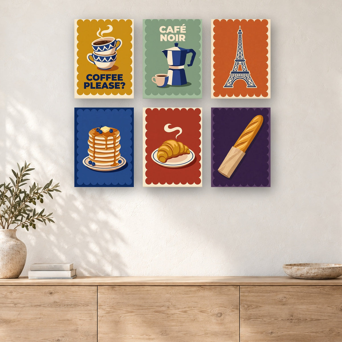 Coffret de 6 peintures par numéro Café Parisien, mini-toiles présentées au mur, Maison Artsen