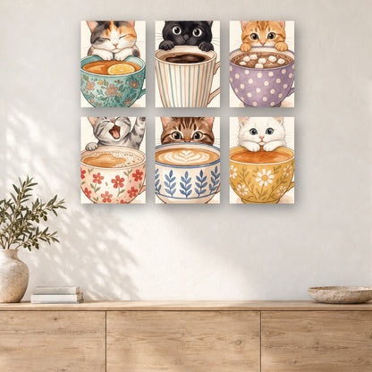 Coffret de 6 peintures par numéro Chatons en Tasses, mini-toiles présentées au mur, Maison Artsen