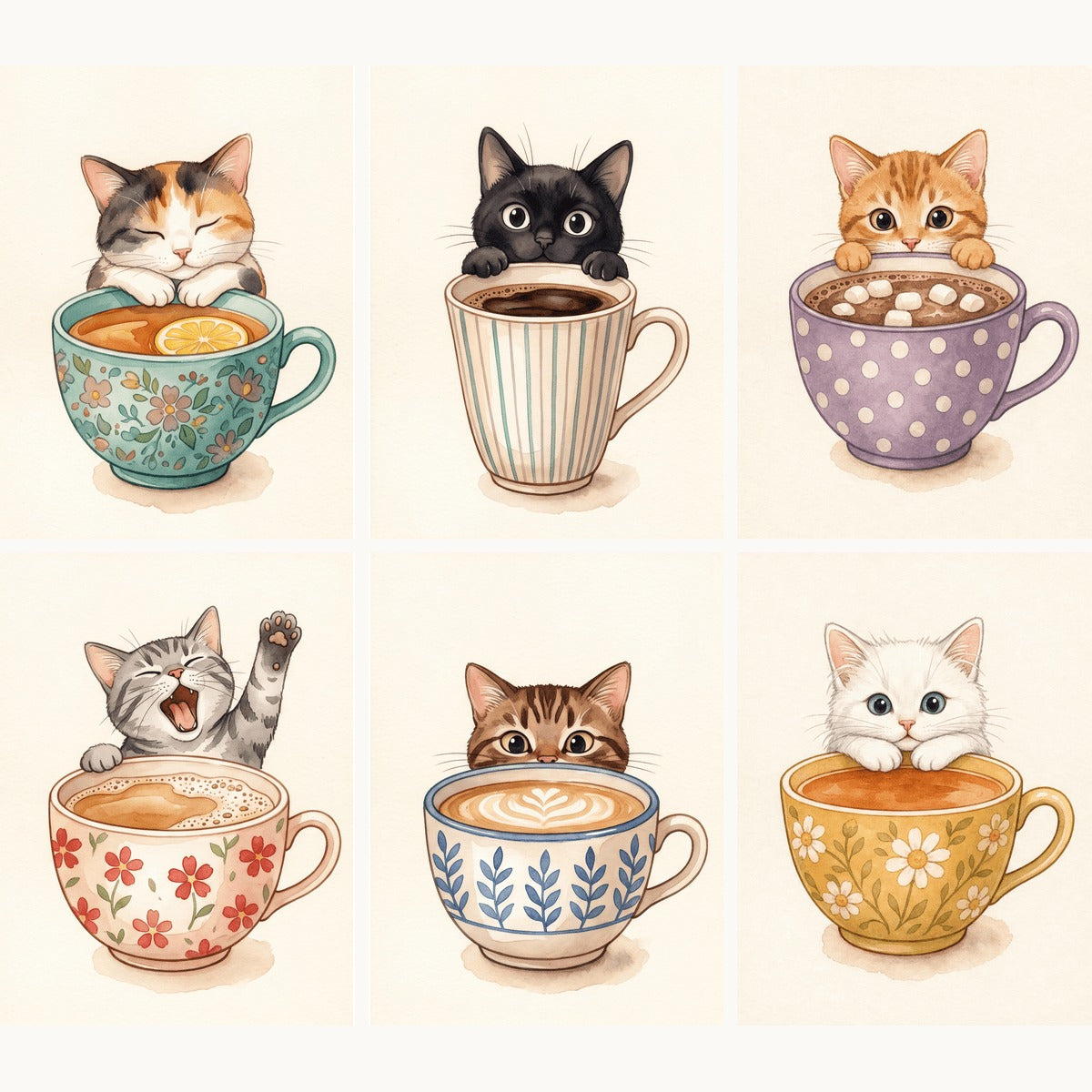 Coffret de 6 peintures par numéro Chatons en Tasses, les mini-toiles à plat, Maison Artsen