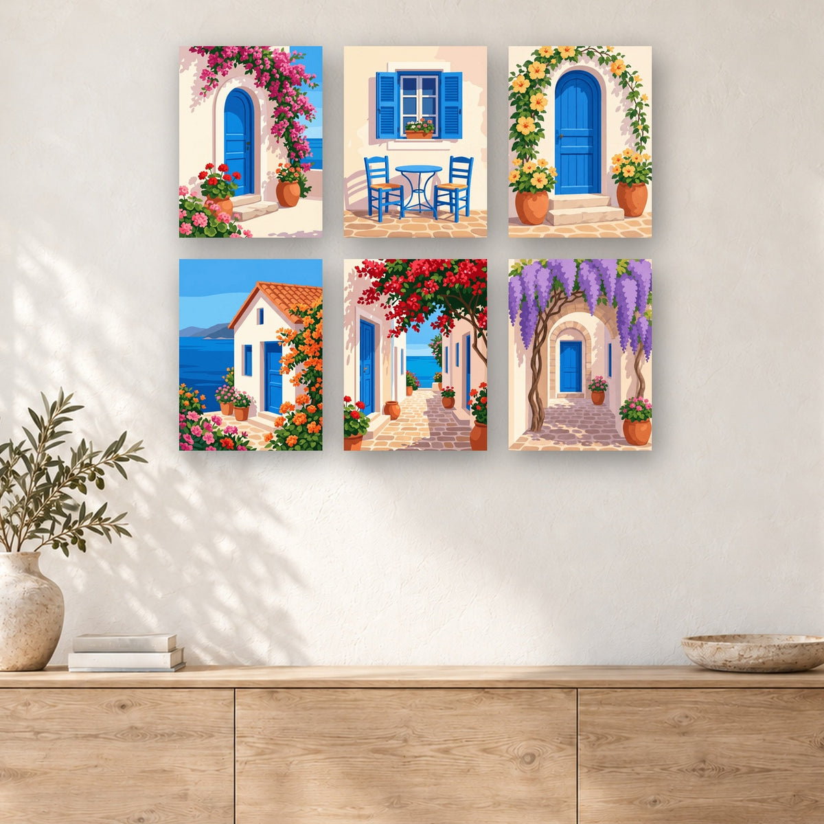 Coffret de 6 peintures par numéro Portes Grecques, mini-toiles présentées au mur, Maison Artsen