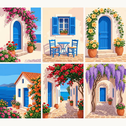 Coffret de 6 peintures par numéro Portes Grecques, les mini-toiles à plat, Maison Artsen