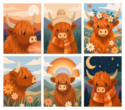 Coffret de 6 peintures par numéro Vaches des Highlands, les mini-toiles à plat, Maison Artsen