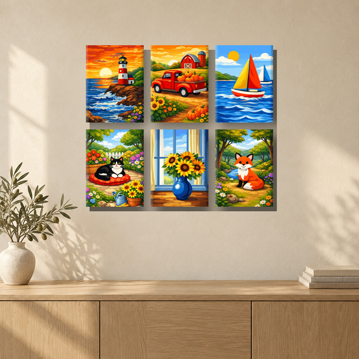 Coffret de 6 peintures par numéro Campagne et Bord de Mer, mini-toiles présentées au mur, Maison Artsen