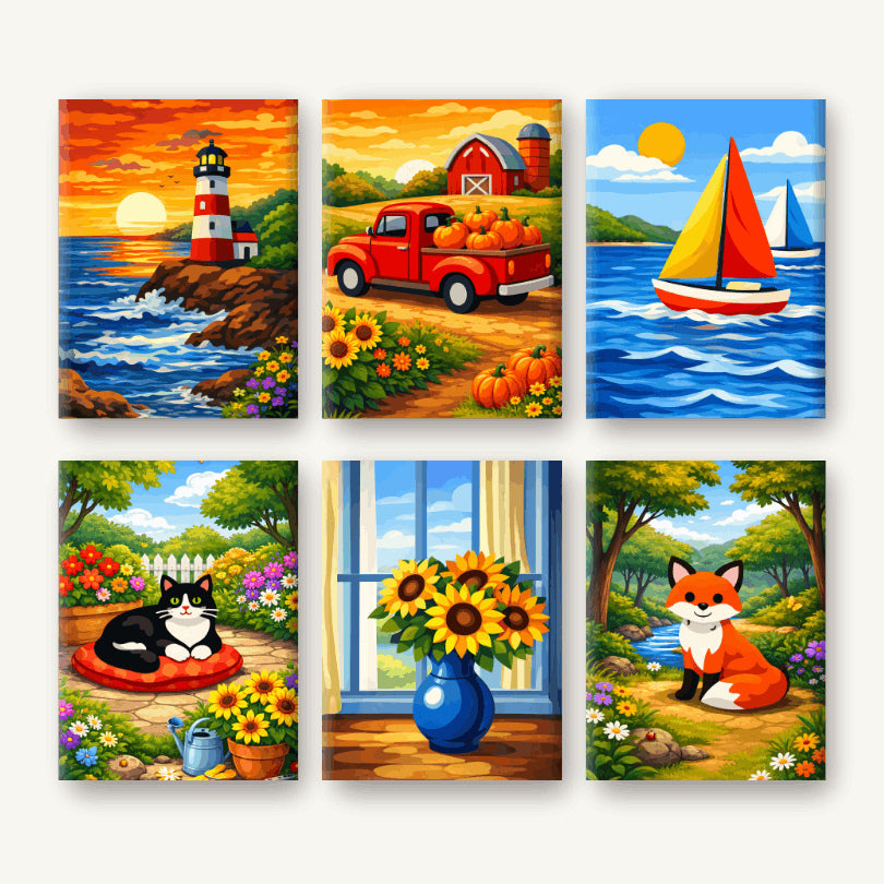 Coffret de 6 peintures par numéro Campagne et Bord de Mer, les mini-toiles à plat, Maison Artsen