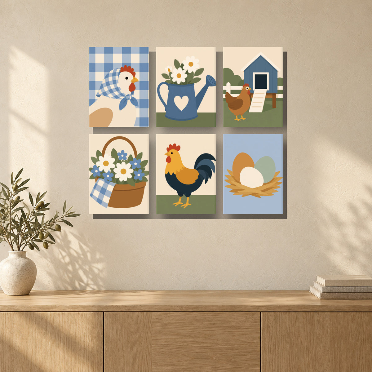Coffret de 6 peintures par numéro Vie à la Ferme, mini-toiles présentées au mur, Maison Artsen