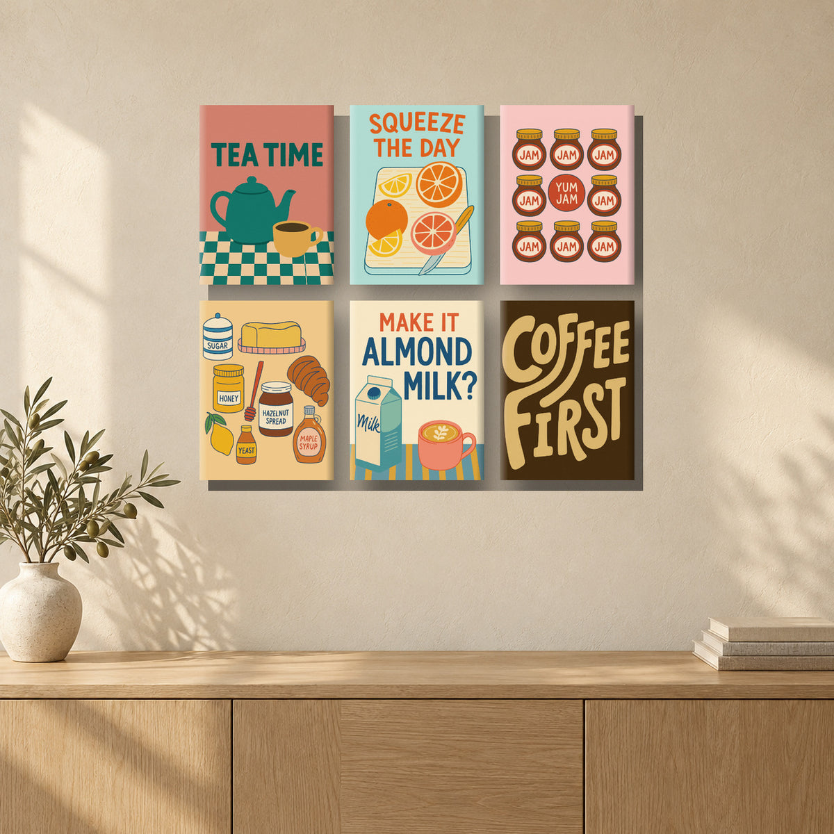 Coffret de 6 peintures par numéro Matins Douillets, mini-toiles présentées au mur, Maison Artsen