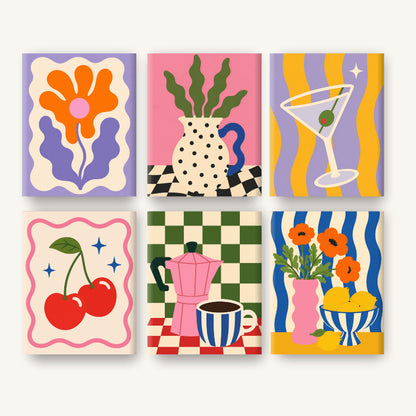 Coffret de 6 peintures par numéro Rétro Pop et Damiers, les mini-toiles à plat, Maison Artsen