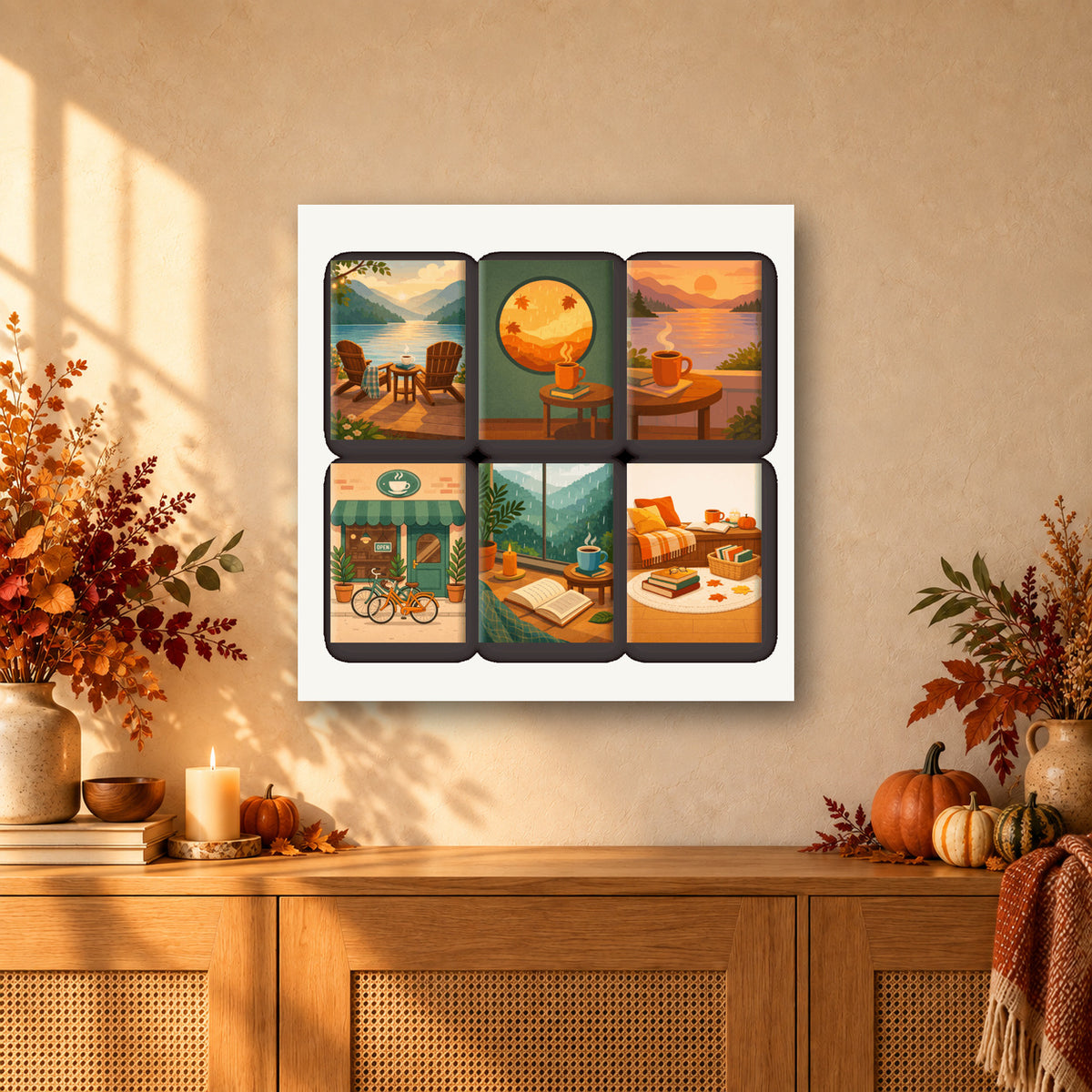 Coffret de 6 peintures par numéro Instants Café, mini-toiles présentées au mur, Maison Artsen