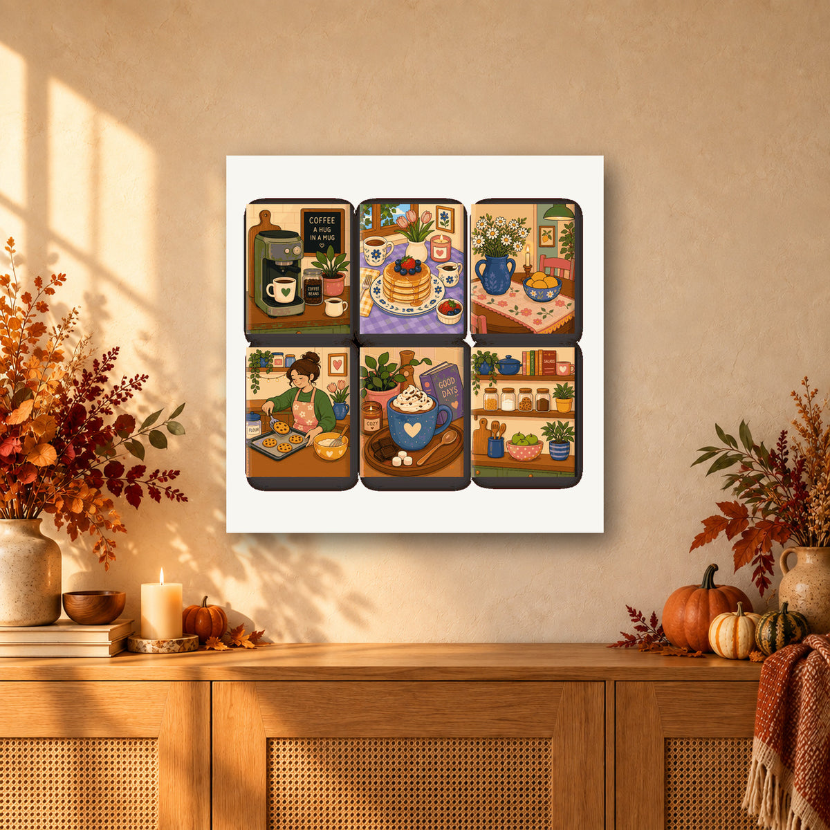 Coffret de 6 peintures par numéro Cuisine Douillette, mini-toiles présentées au mur, Maison Artsen