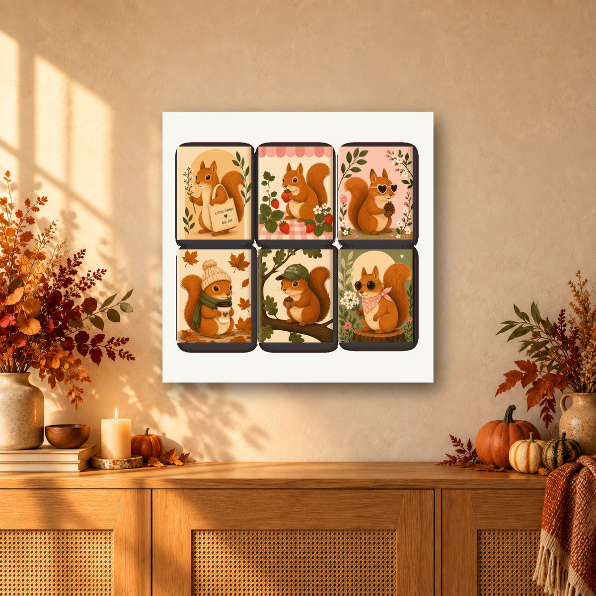 Coffret de 6 peintures par numéro Petits Écureuils, mini-toiles présentées au mur, Maison Artsen