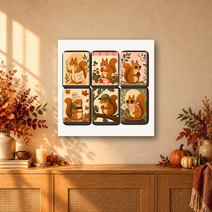 Coffret de 6 peintures par numéro Petits Écureuils, mini-toiles présentées au mur, Maison Artsen