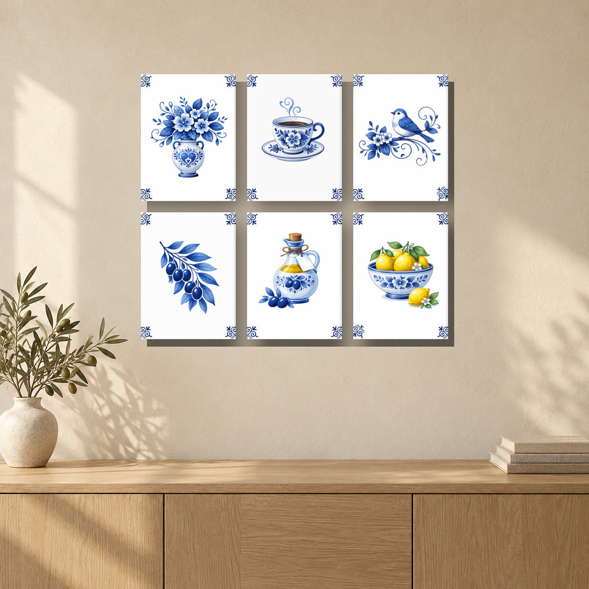 Coffret de 6 peintures par numéro Porcelaine de Delft, mini-toiles présentées au mur, Maison Artsen
