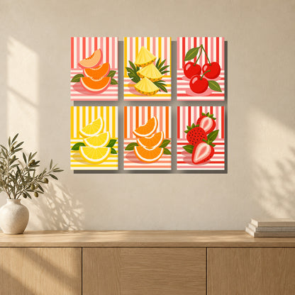 Coffret de 6 peintures par numéro Fruits Rétro, mini-toiles présentées au mur, Maison Artsen