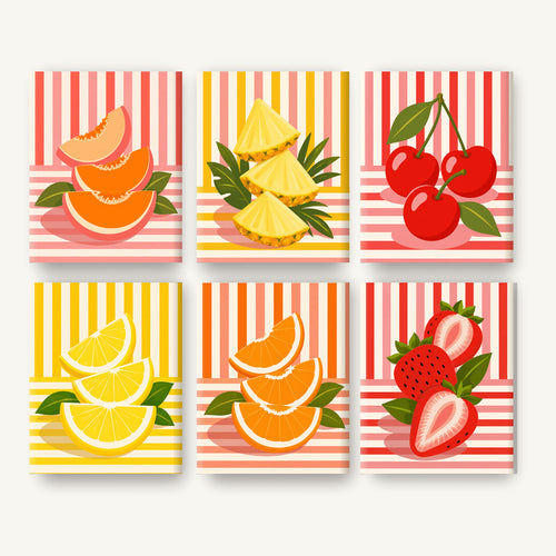 Coffret de 6 peintures par numéro Fruits Rétro, les mini-toiles à plat, Maison Artsen