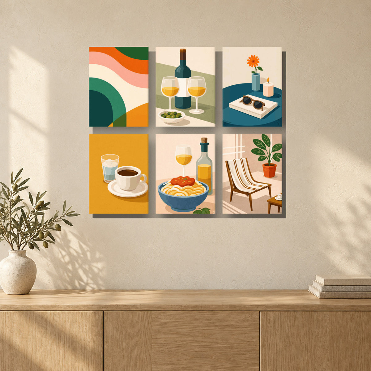 Coffret de 6 peintures par numéro Petits Plaisirs du Sud, mini-toiles présentées au mur, Maison Artsen