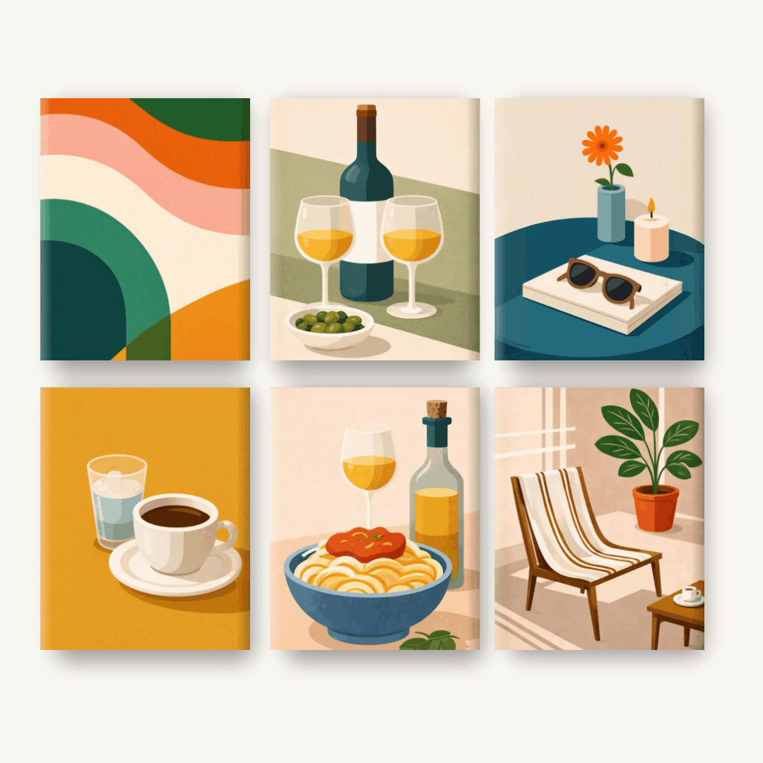 Coffret de 6 peintures par numéro Petits Plaisirs du Sud, les mini-toiles à plat, Maison Artsen