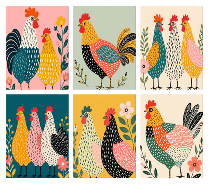 Coffret de 6 peintures par numéro Poules Joyeuses, les mini-toiles à plat, Maison Artsen