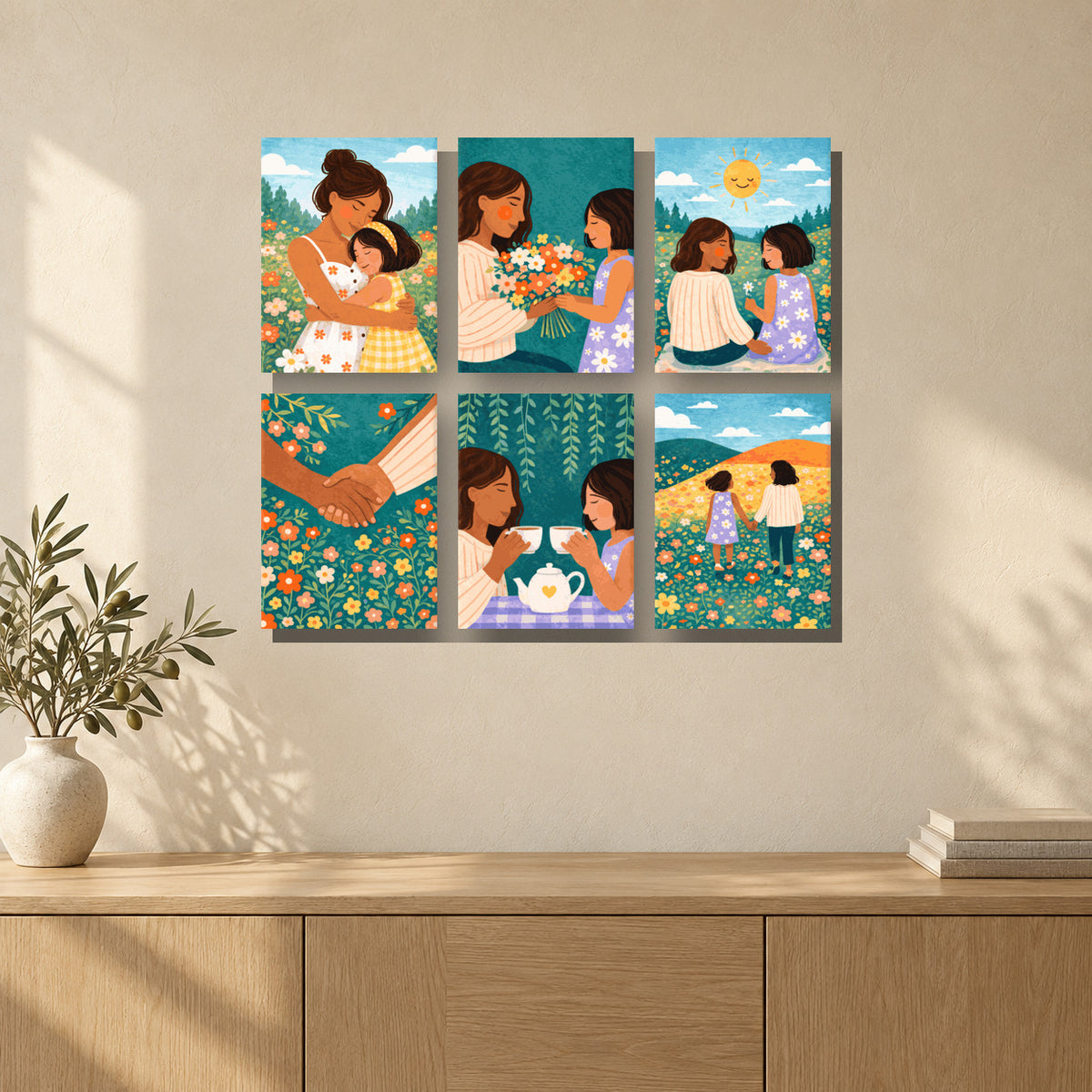 Coffret de 6 peintures par numéro Moments Ensemble, mini-toiles présentées au mur, Maison Artsen