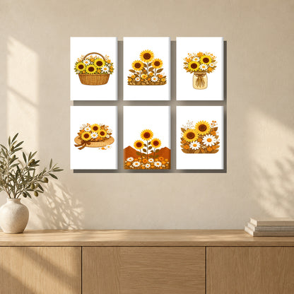 Coffret de 6 peintures par numéro Tournesols en Corbeille, mini-toiles présentées au mur, Maison Artsen