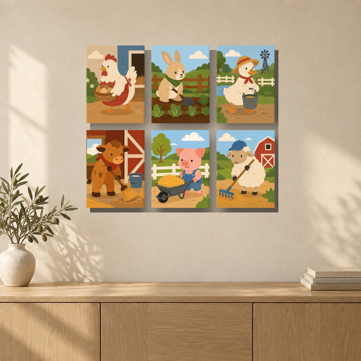 Coffret de 6 peintures par numéro Petite Ferme au Travail, mini-toiles présentées au mur, Maison Artsen