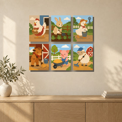 Coffret de 6 peintures par numéro Petite Ferme au Travail, mini-toiles présentées au mur, Maison Artsen