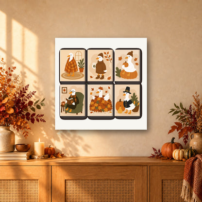Coffret de 6 peintures par numéro Oies d'Automne, mini-toiles présentées au mur, Maison Artsen