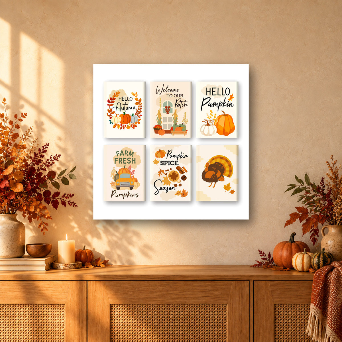 Coffret de 6 peintures par numéro Bonjour Citrouille, mini-toiles présentées au mur, Maison Artsen