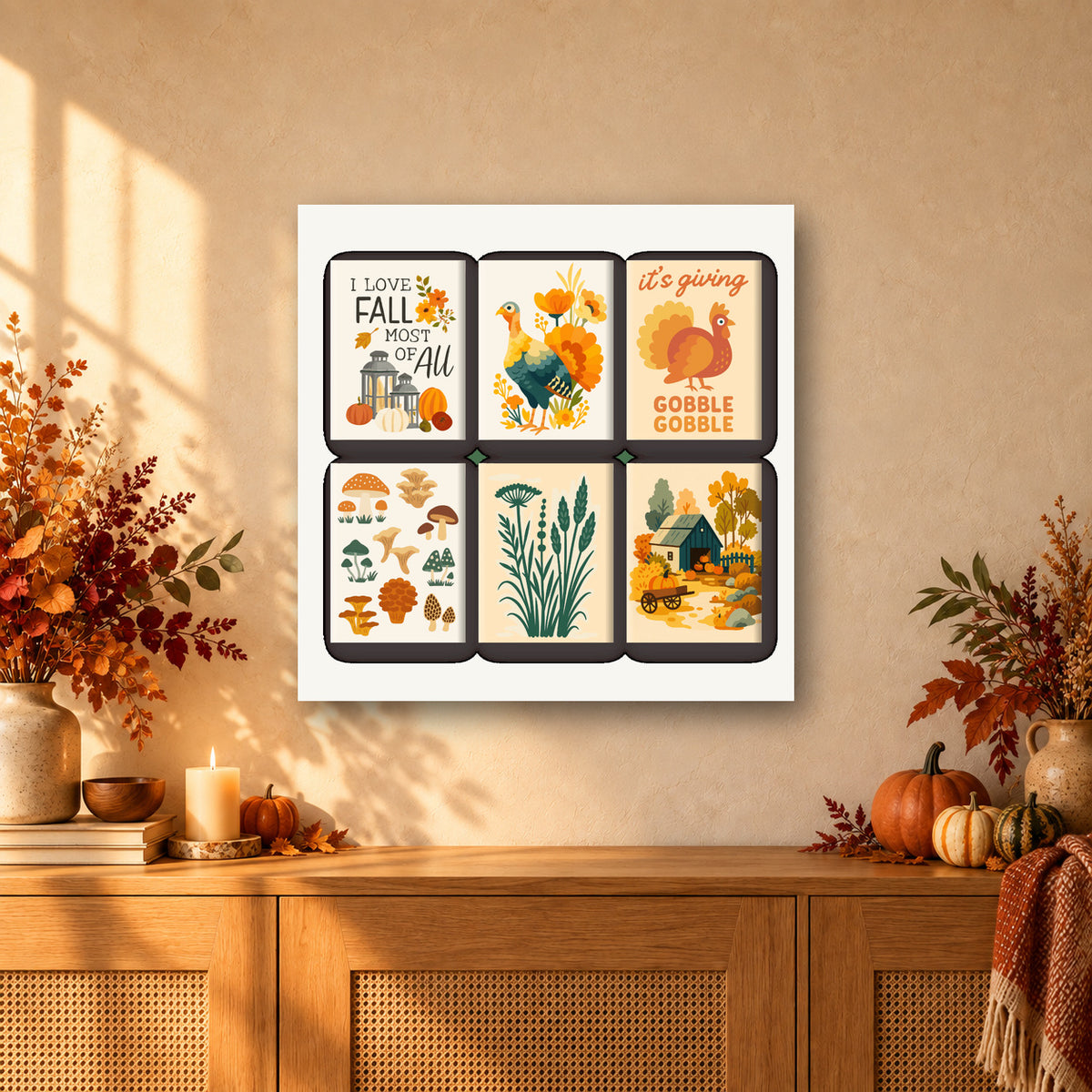 Coffret de 6 peintures par numéro Automne et Dindes, mini-toiles présentées au mur, Maison Artsen