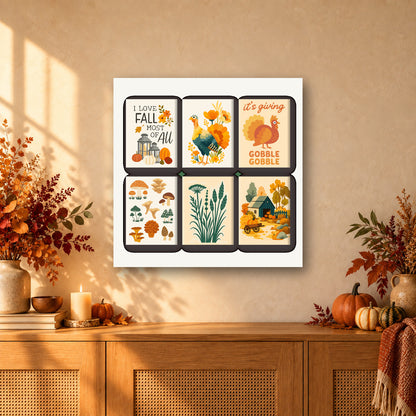 Coffret de 6 peintures par numéro Automne et Dindes, mini-toiles présentées au mur, Maison Artsen