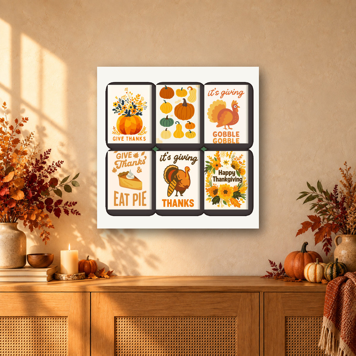 Coffret de 6 peintures par numéro Dindons et Citrouilles, mini-toiles présentées au mur, Maison Artsen