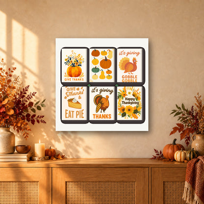 Coffret de 6 peintures par numéro Dindons et Citrouilles, mini-toiles présentées au mur, Maison Artsen