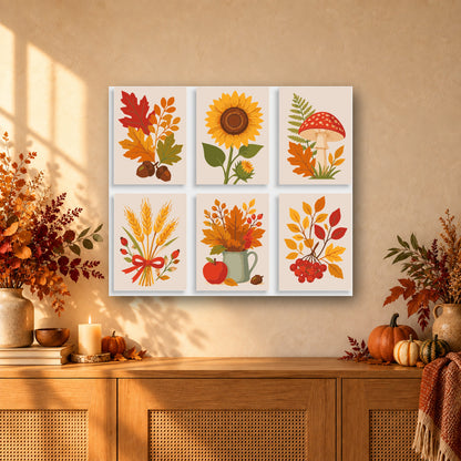 Coffret de 6 peintures par numéro Herbier d'Automne, mini-toiles présentées au mur, Maison Artsen
