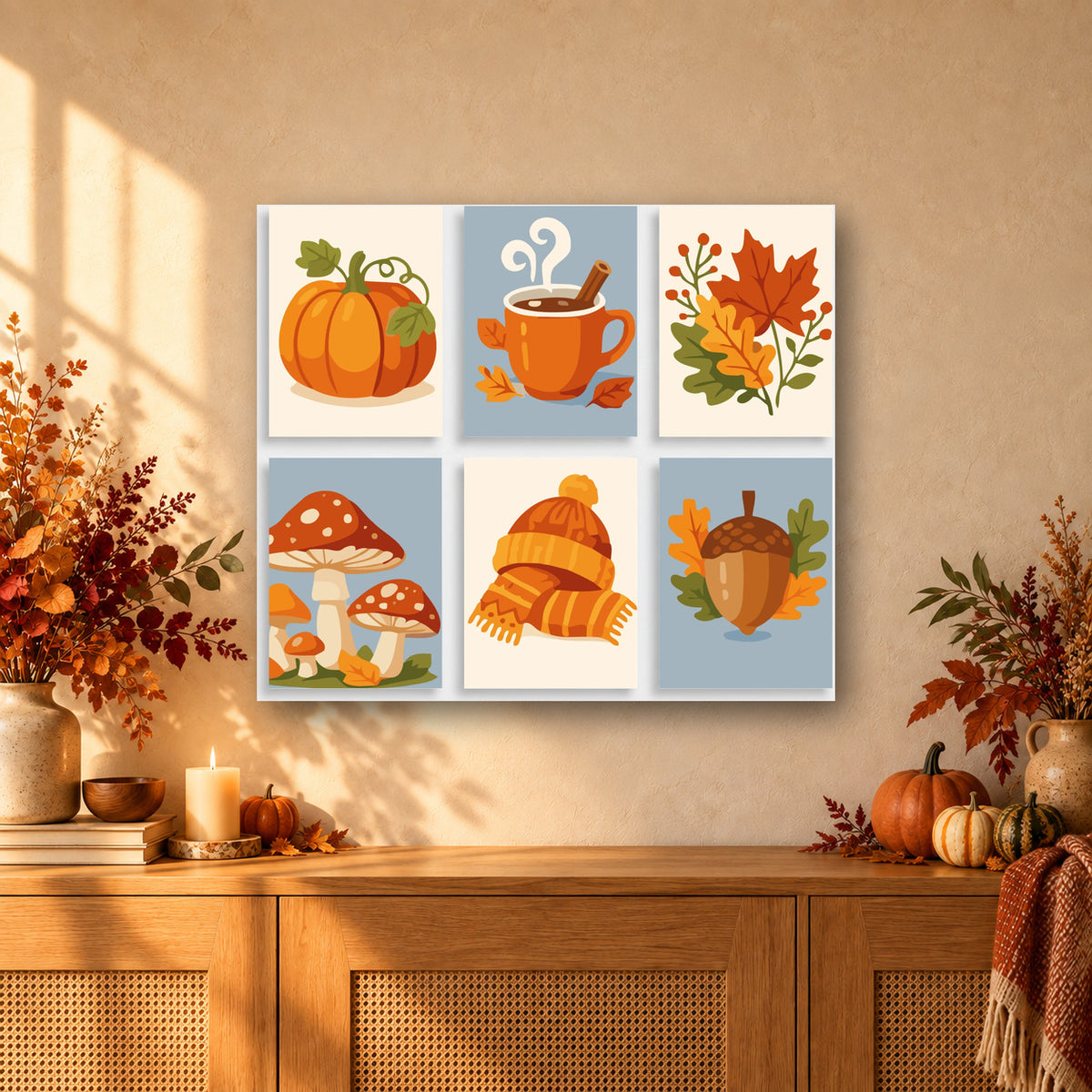 Coffret de 6 peintures par numéro Symboles d'Automne, mini-toiles présentées au mur, Maison Artsen