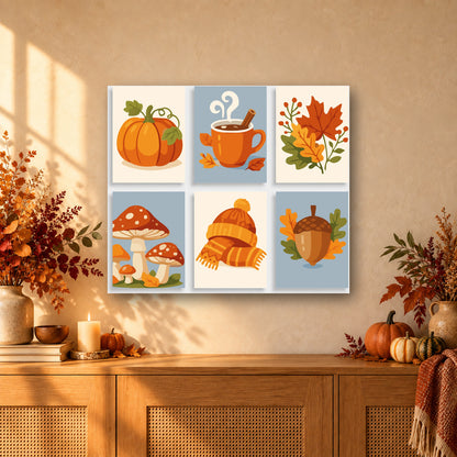 Coffret de 6 peintures par numéro Symboles d'Automne, mini-toiles présentées au mur, Maison Artsen