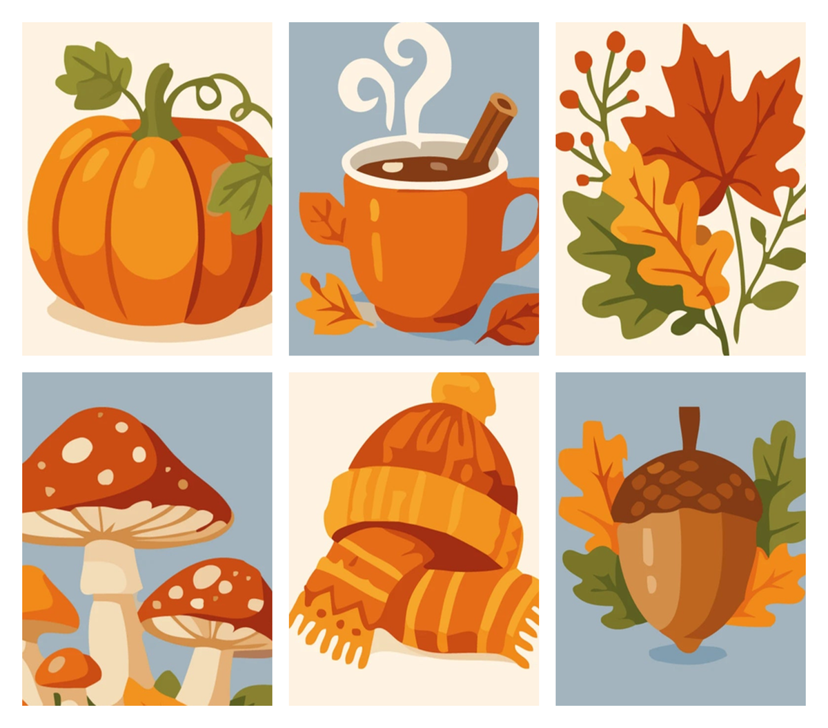 Coffret de 6 peintures par numéro Symboles d'Automne, les mini-toiles à plat, Maison Artsen
