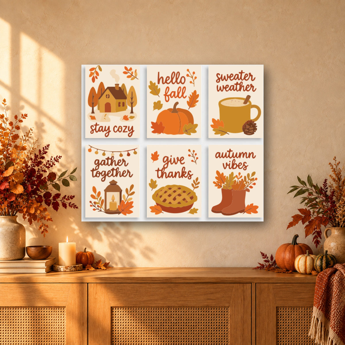 Coffret de 6 peintures par numéro Mots Doux d'Automne, mini-toiles présentées au mur, Maison Artsen
