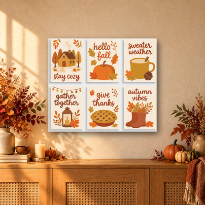 Coffret de 6 peintures par numéro Mots Doux d'Automne, mini-toiles présentées au mur, Maison Artsen