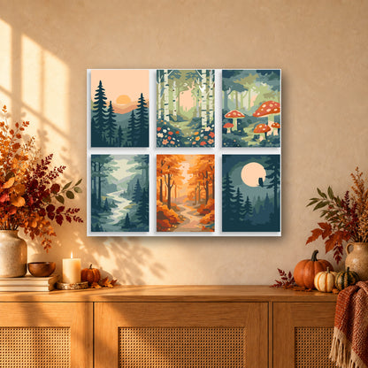 Coffret de 6 peintures par numéro Promenades en Forêt, mini-toiles présentées au mur, Maison Artsen