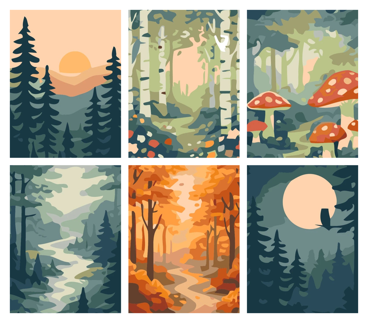 Coffret de 6 peintures par numéro Promenades en Forêt, les mini-toiles à plat, Maison Artsen