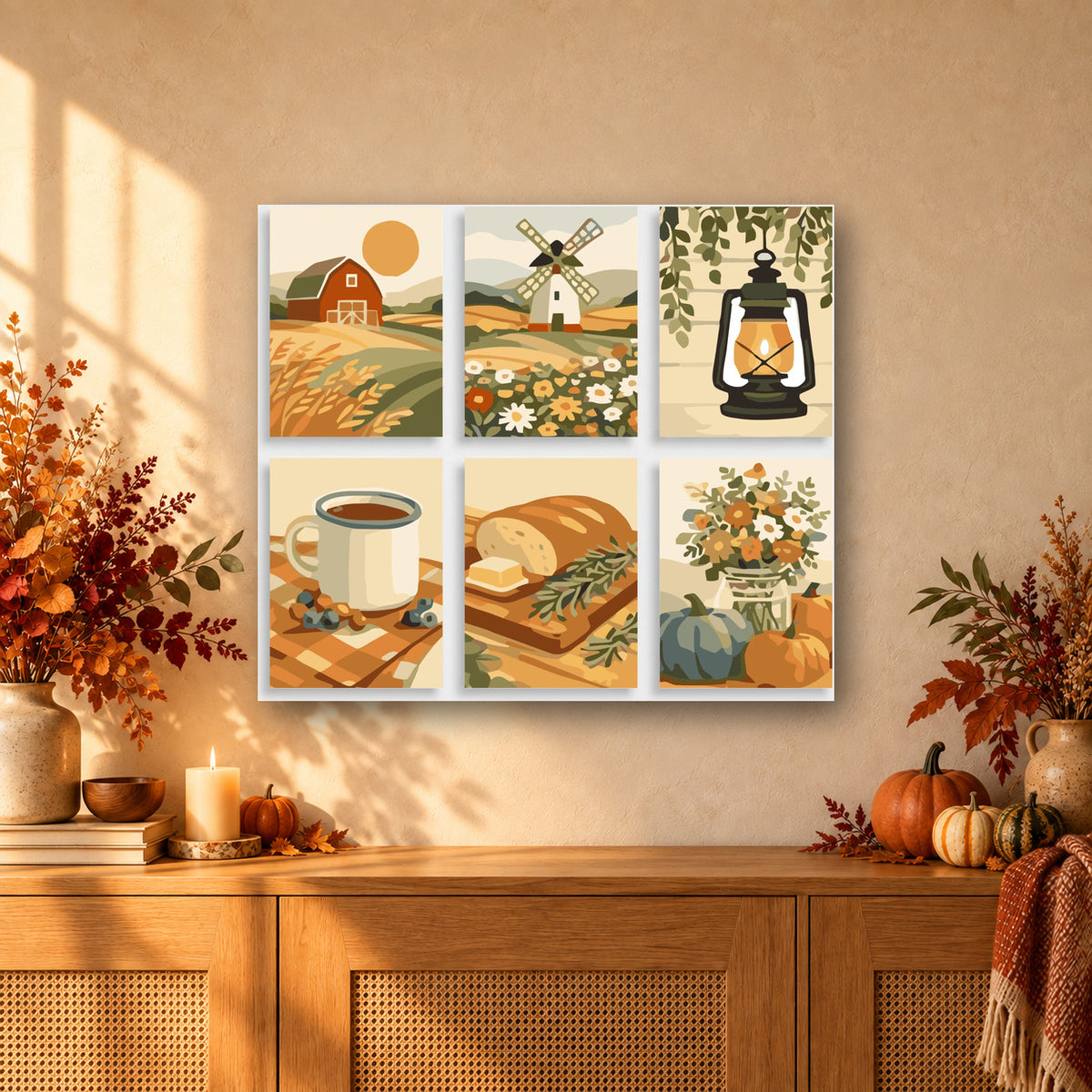 Coffret de 6 peintures par numéro Ferme de la Récolte, mini-toiles présentées au mur, Maison Artsen