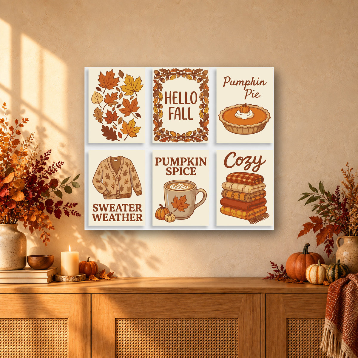 Coffret de 6 peintures par numéro Bonjour l'Automne, mini-toiles présentées au mur, Maison Artsen