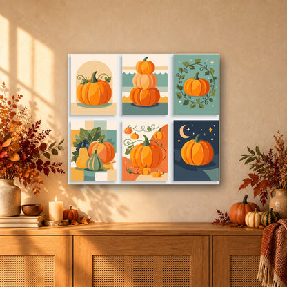 Coffret de 6 peintures par numéro Citrouilles d'Automne, mini-toiles présentées au mur, Maison Artsen