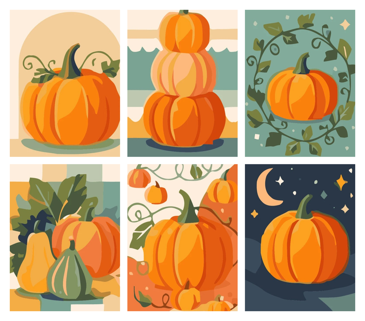 Coffret de 6 peintures par numéro Citrouilles d'Automne, les mini-toiles à plat, Maison Artsen