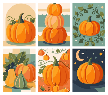 Coffret de 6 peintures par numéro Citrouilles d'Automne, les mini-toiles à plat, Maison Artsen