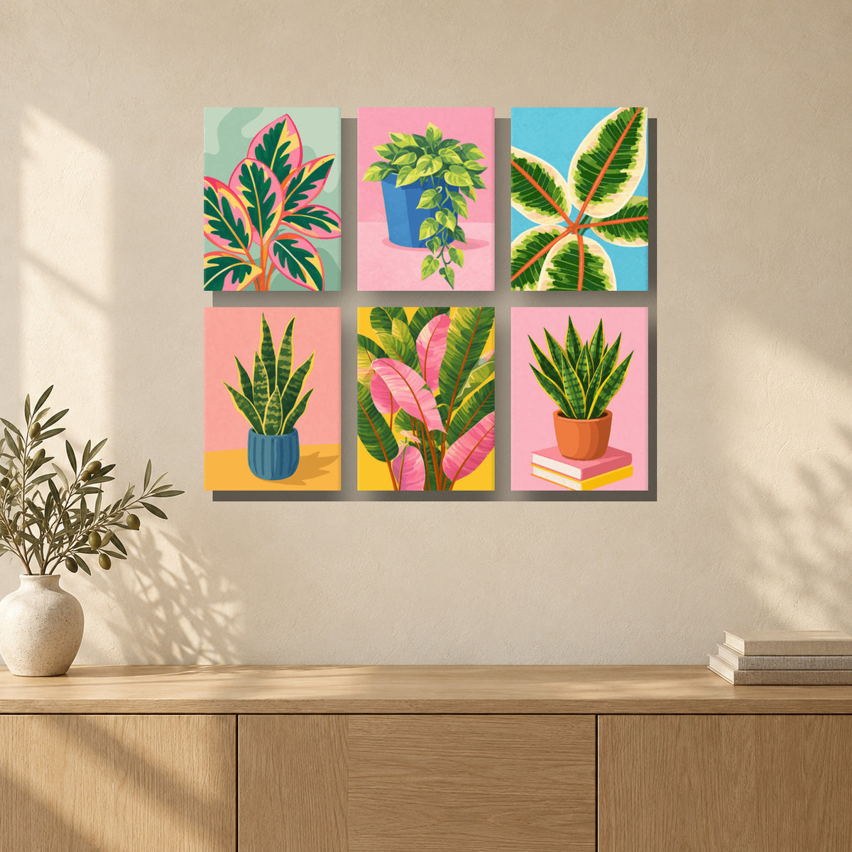 Coffret de 6 peintures par numéro Jardin d’Intérieur, mini-toiles présentées au mur, Maison Artsen