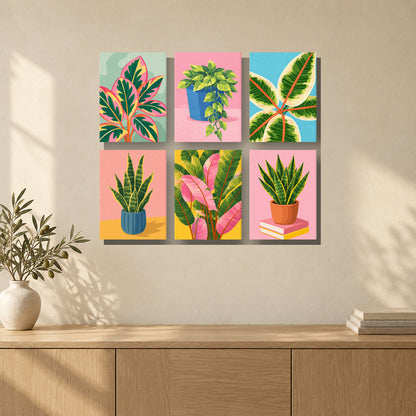 Coffret de 6 peintures par numéro Jardin d’Intérieur, mini-toiles présentées au mur, Maison Artsen