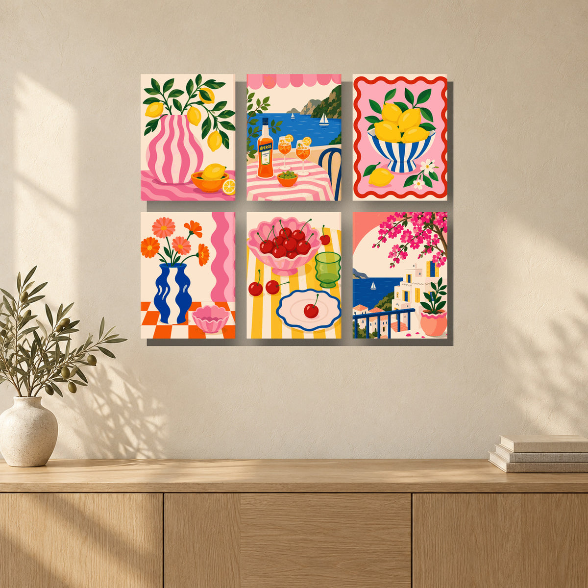 Coffret de 6 peintures par numéro Citrons, Cerises et Spritz, mini-toiles présentées au mur, Maison Artsen
