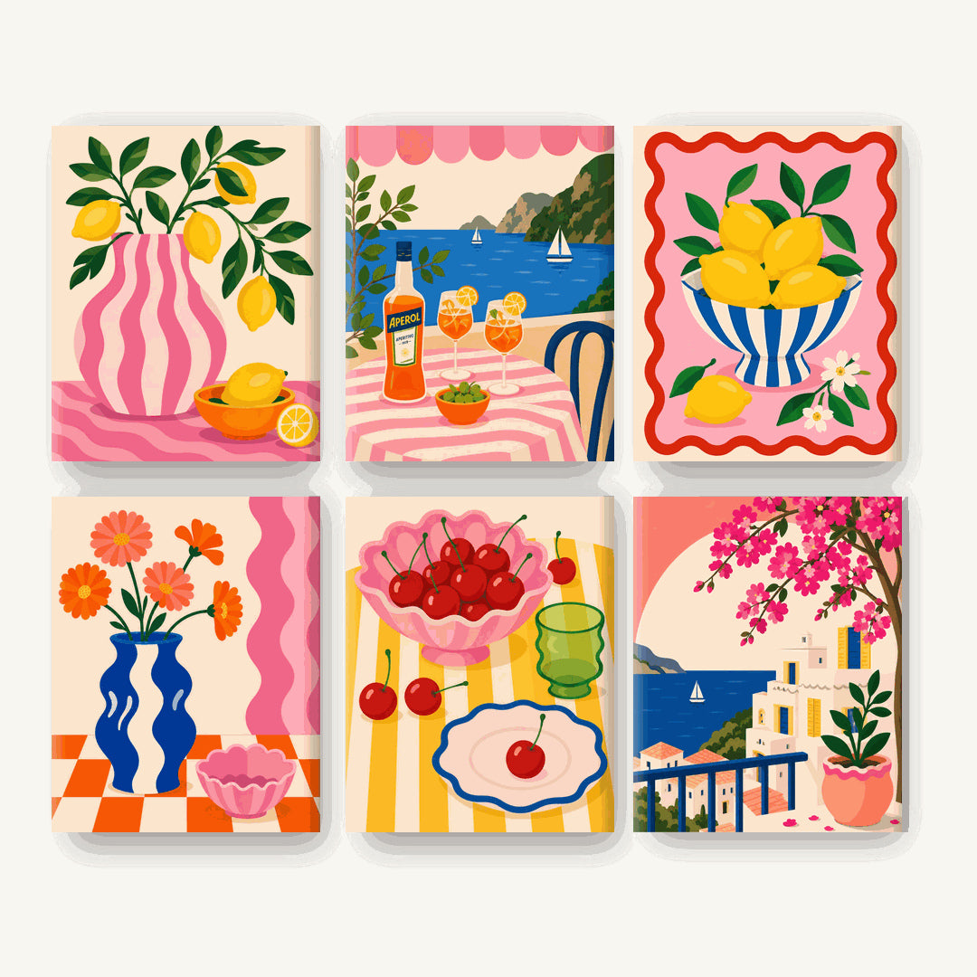 Coffret de 6 peintures par numéro Citrons, Cerises et Spritz, les mini-toiles à plat, Maison Artsen