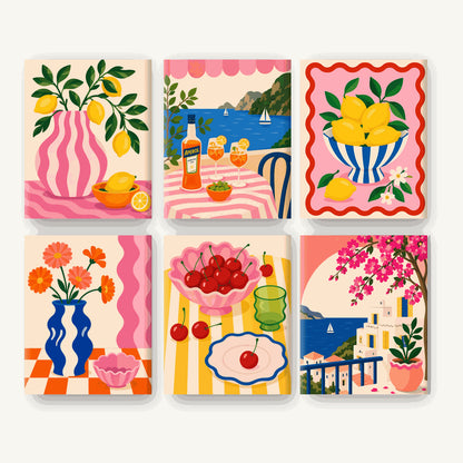 Coffret de 6 peintures par numéro Citrons, Cerises et Spritz, les mini-toiles à plat, Maison Artsen