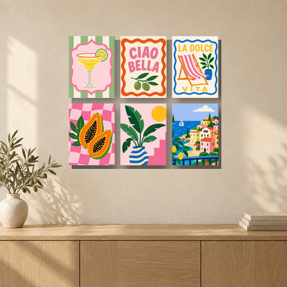 Coffret de 6 peintures par numéro Instants Dolce Vita, mini-toiles présentées au mur, Maison Artsen